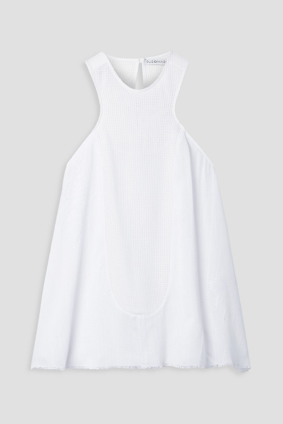 Rue Mariscal Frayed Embroidered Mesh-paneled Cotton Tank In White