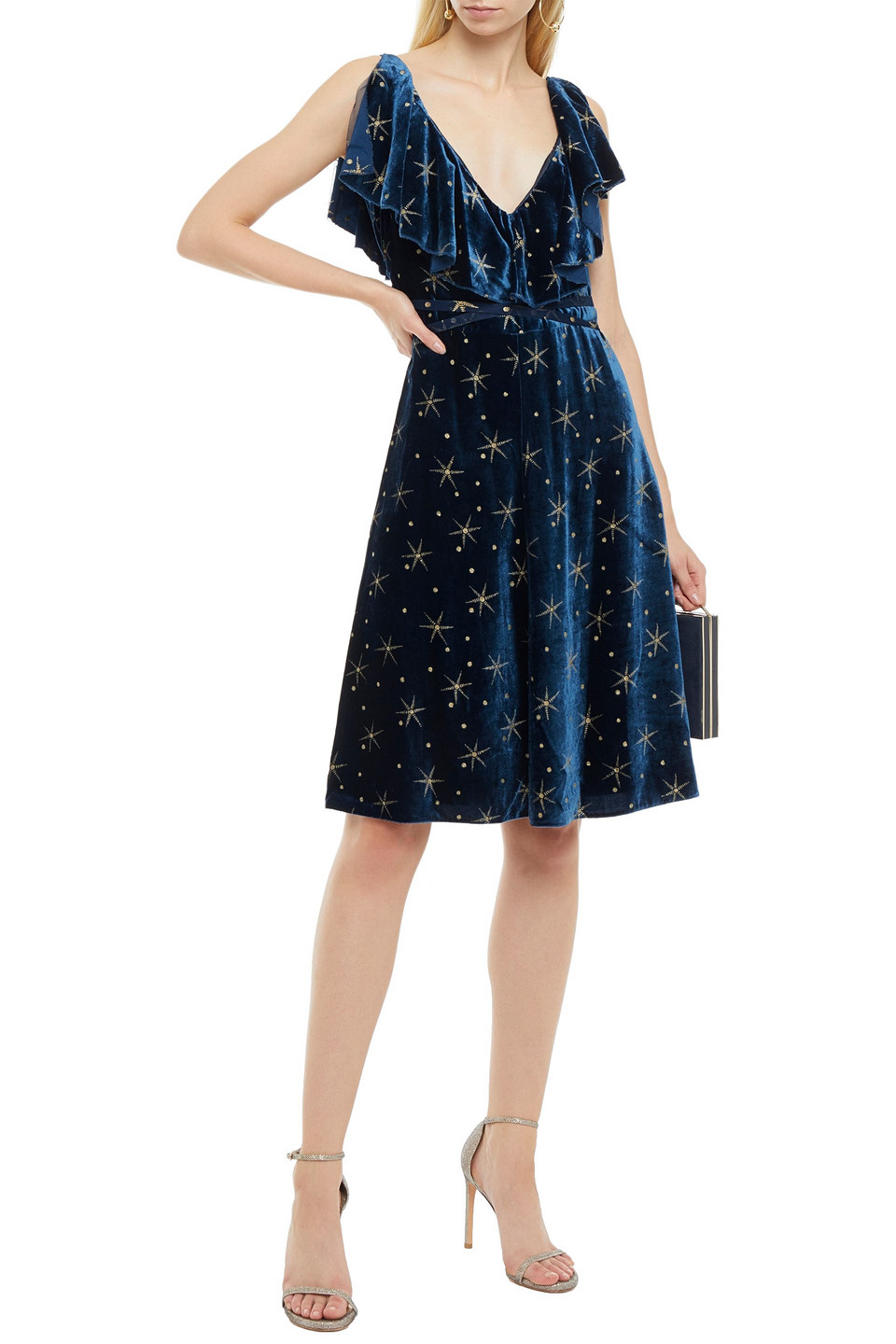 Valentino Ruffled Glittered Velvet Dress In Blue