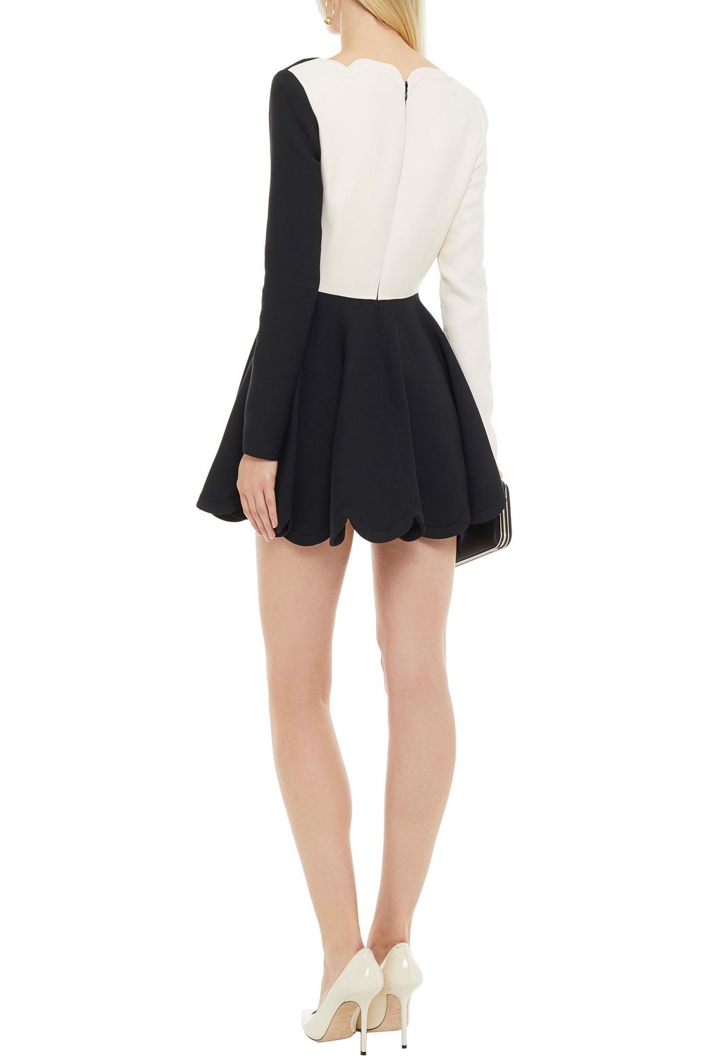 VALENTINO GARAVANI Scalloped two-tone wool and silk-blend crepe mini dress