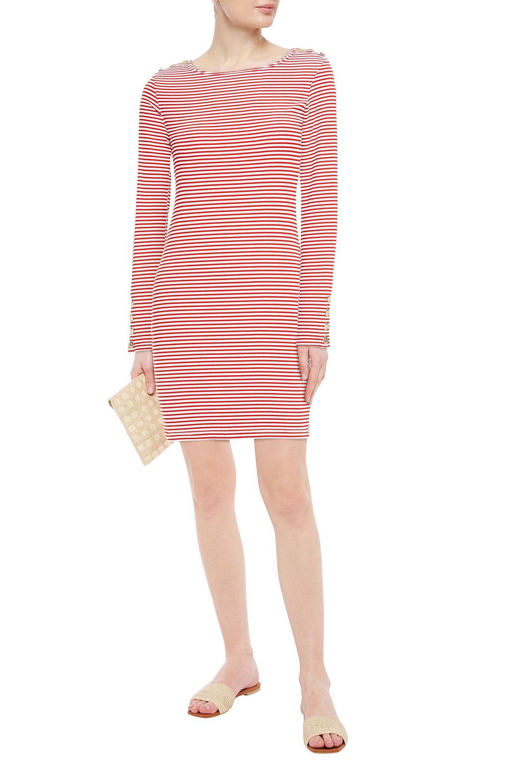 MELISSA ODABASH Agata button-detailed striped stretch-piqué mini dress