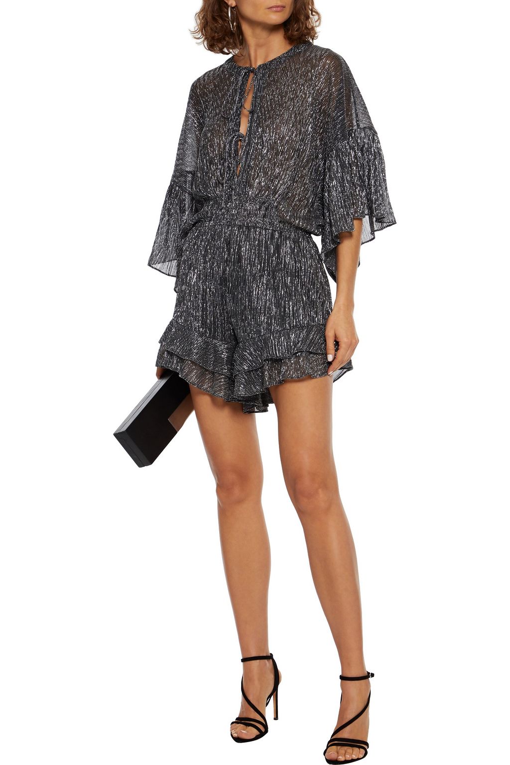IRO Aeolus ruffled metallic plissé woven playsuit