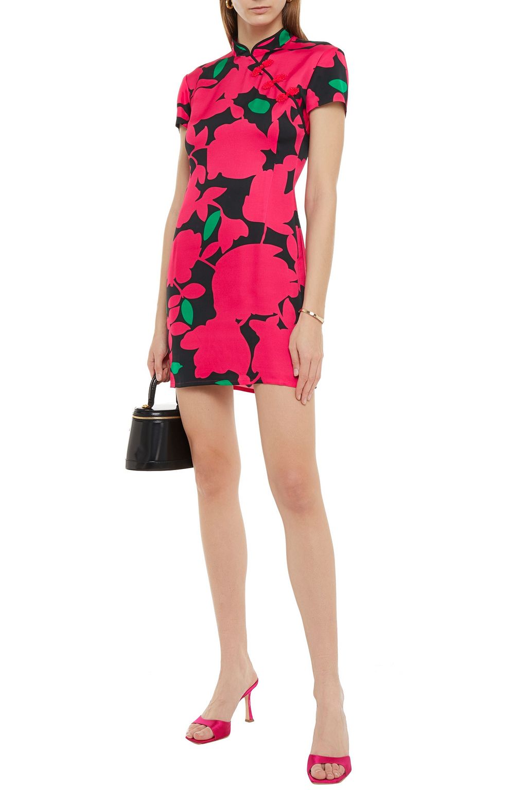 DE LA VALI Suki appliquéd floral-print satin mini dress