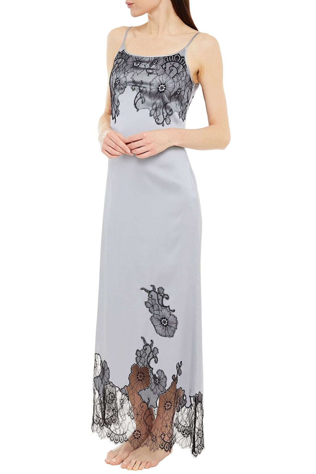 MYLA Pansy Gardens Chantilly lace-paneled silk crepe de chine nightdress