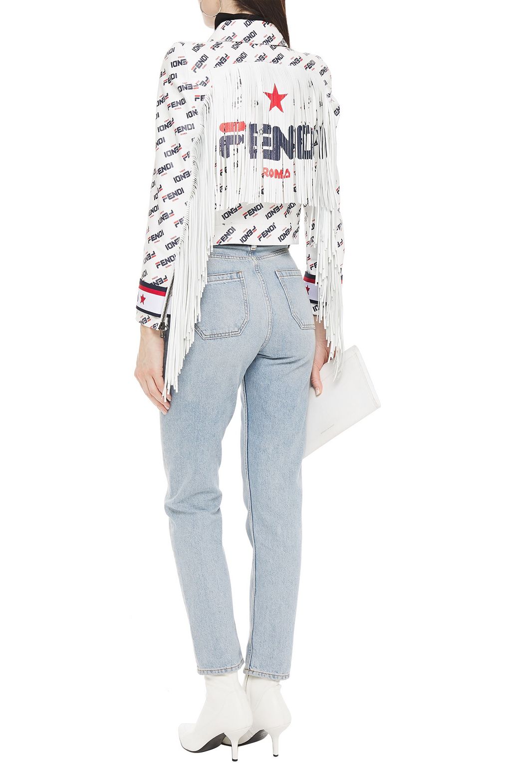 FENDI Jacquard-trimmed fringed printed leather jacket