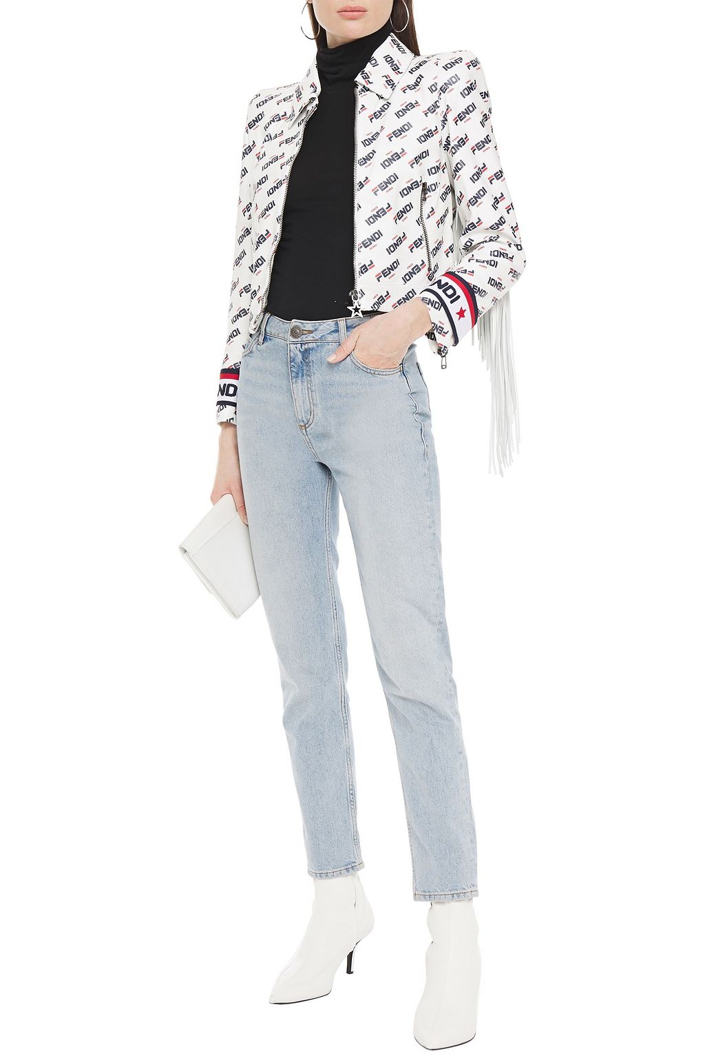 FENDI Jacquard-trimmed fringed printed leather jacket