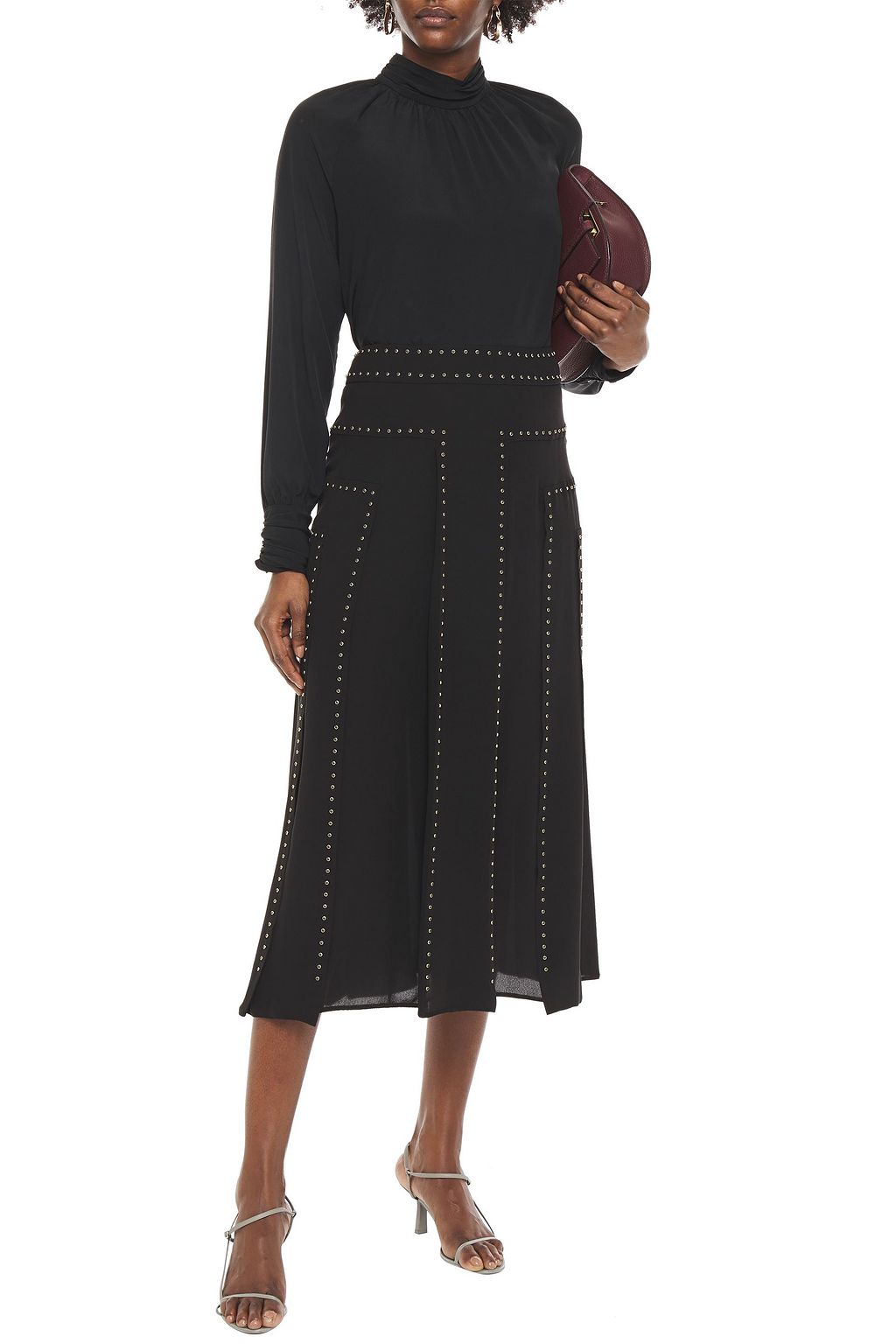VALENTINO GARAVANI Studded pleated silk-crepe midi skirt