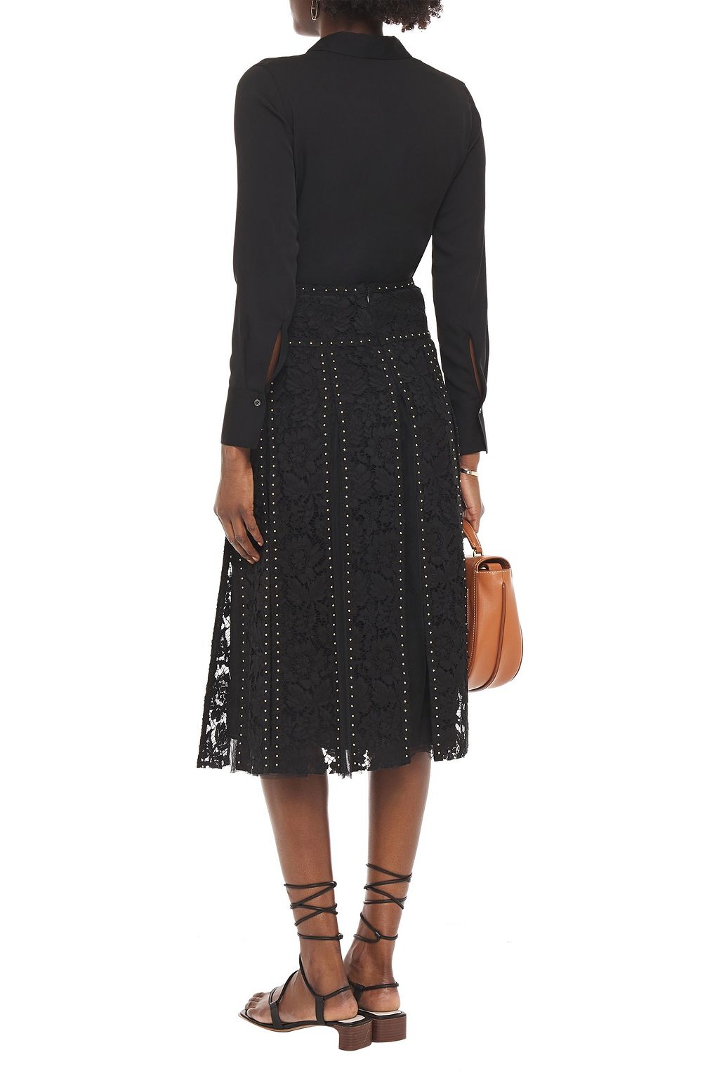 VALENTINO GARAVANI Studded pleated cotton-blend corded lace and tulle midi skirt