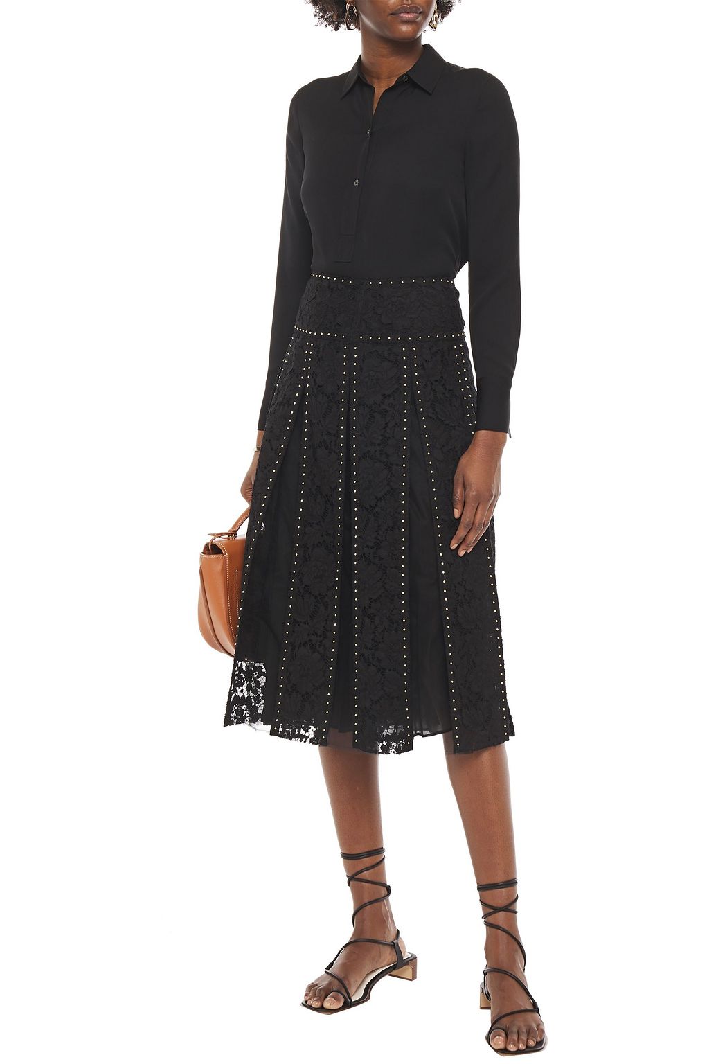 VALENTINO GARAVANI Studded pleated cotton-blend corded lace and tulle midi skirt