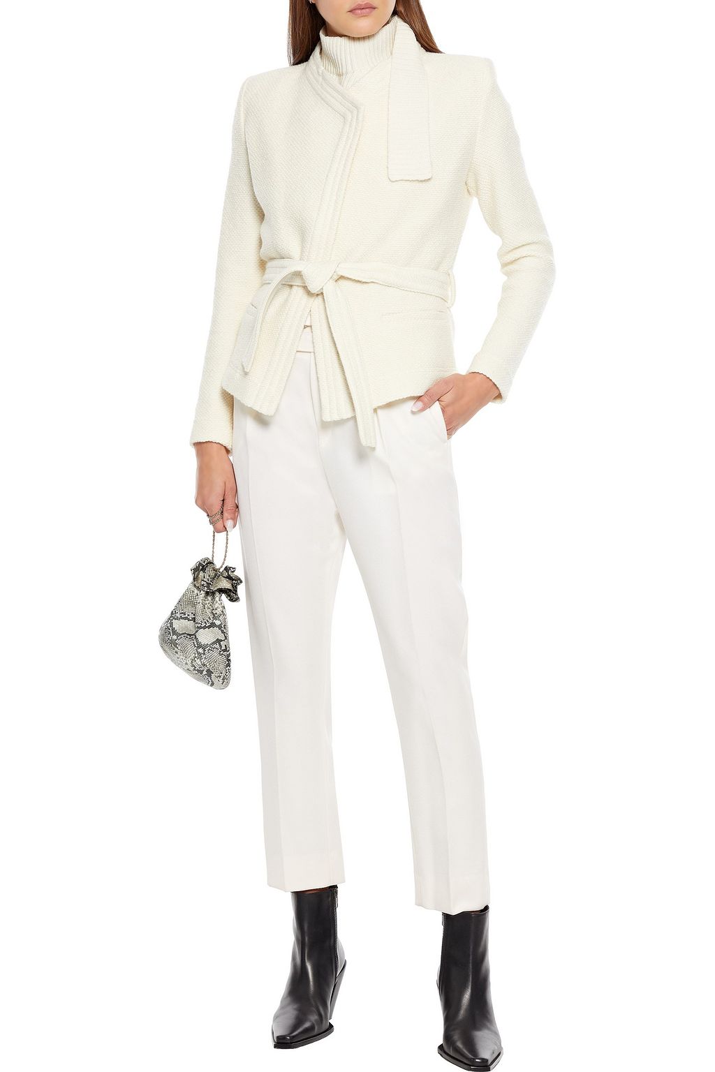 IRO Awa belted leather-trimmed bouclé-knit wool-blend jacket