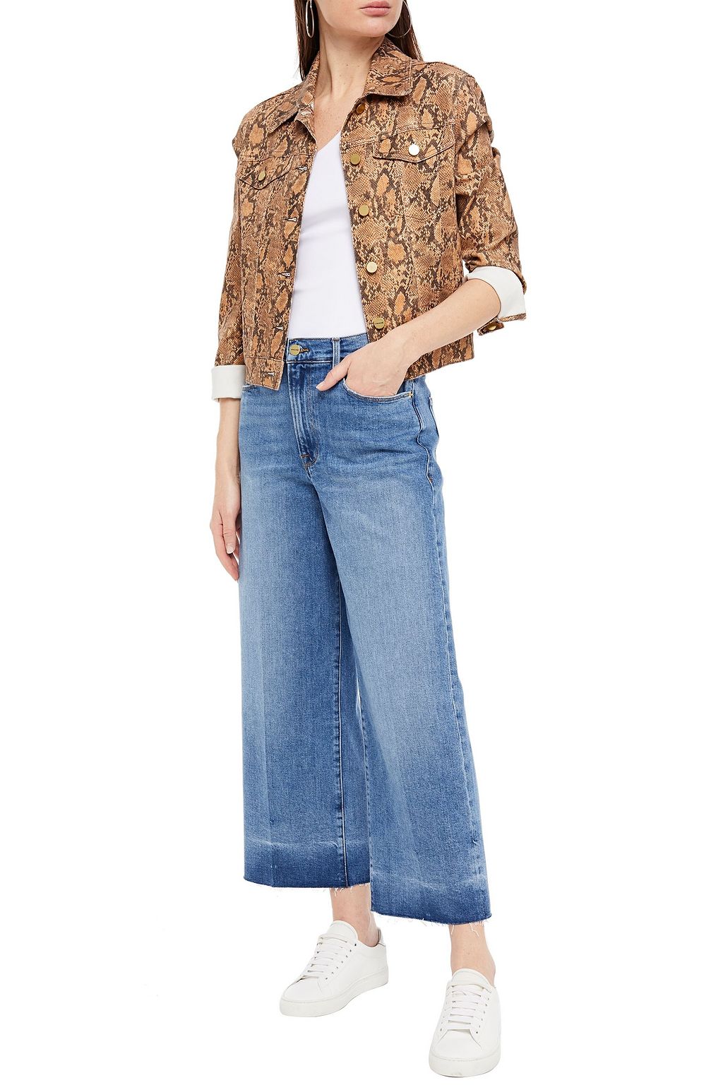 FRAME Ali Wide Crop frayed high-rise wide-leg jeans