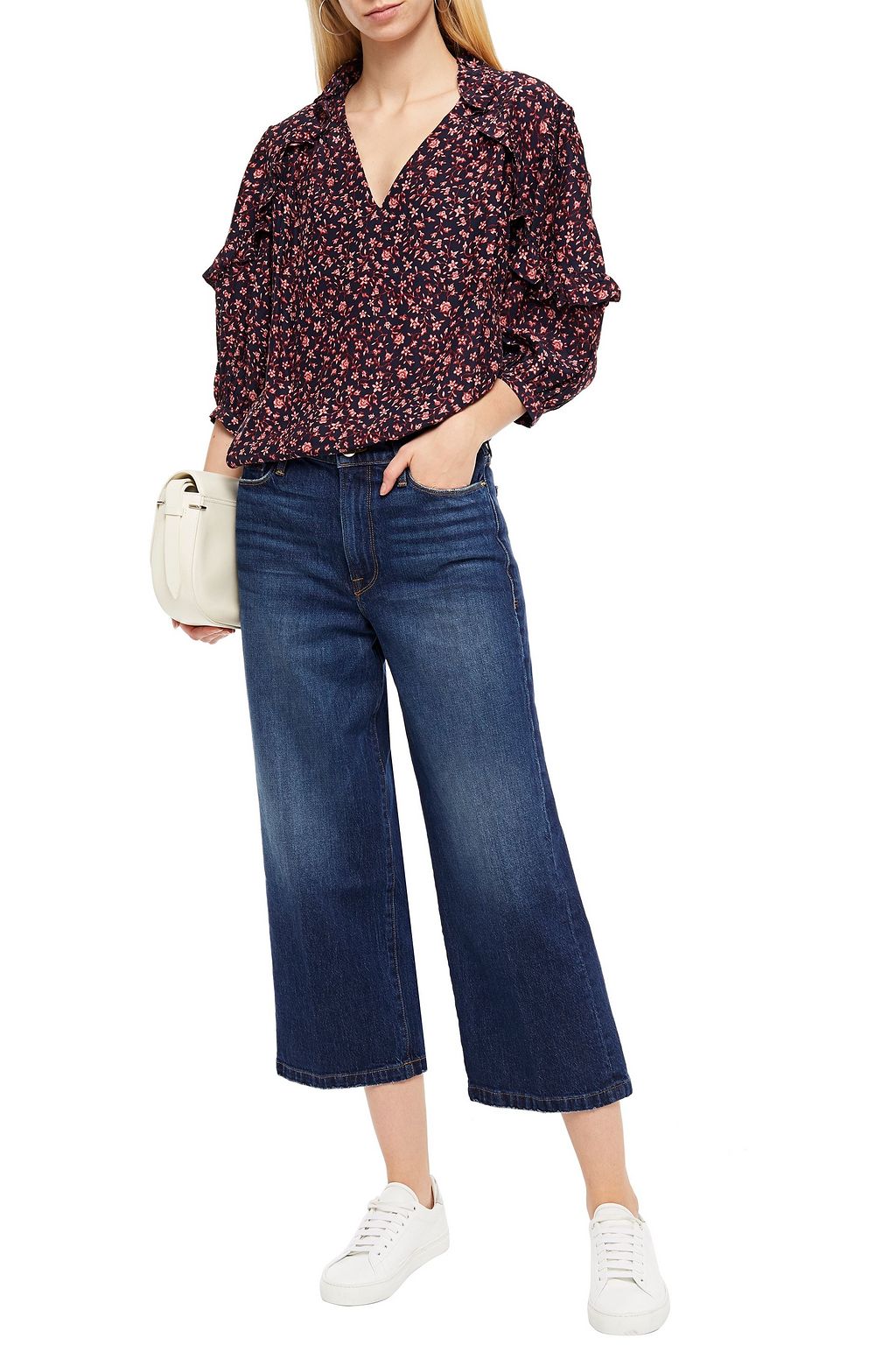 FRAME Cropped distressed high-rise wide-leg jeans