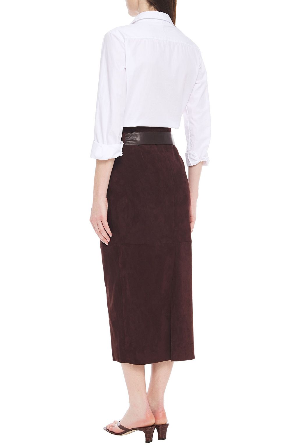 THE ROW Belted leather-trimmed suede midi skirt
