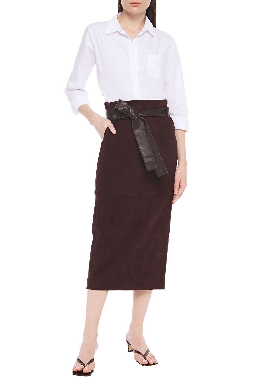 THE ROW Belted leather-trimmed suede midi skirt