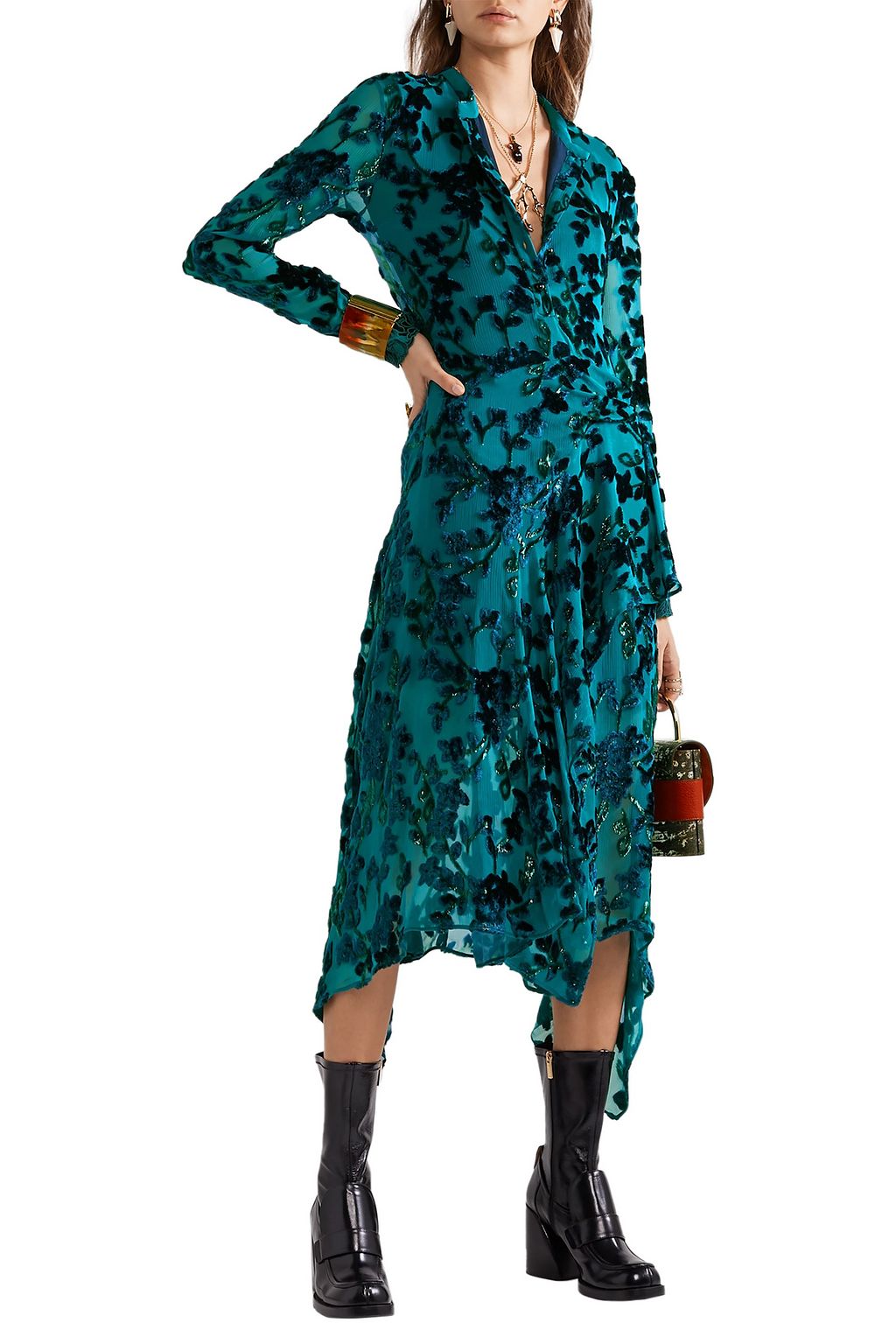 CHLOÉ Draped lace-trimmed devoré-crepon midi dress