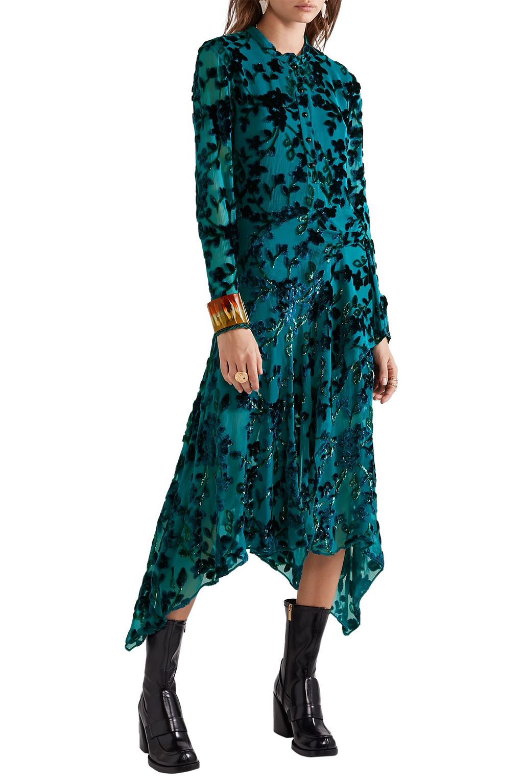 CHLOÉ Draped lace-trimmed devoré-crepon midi dress