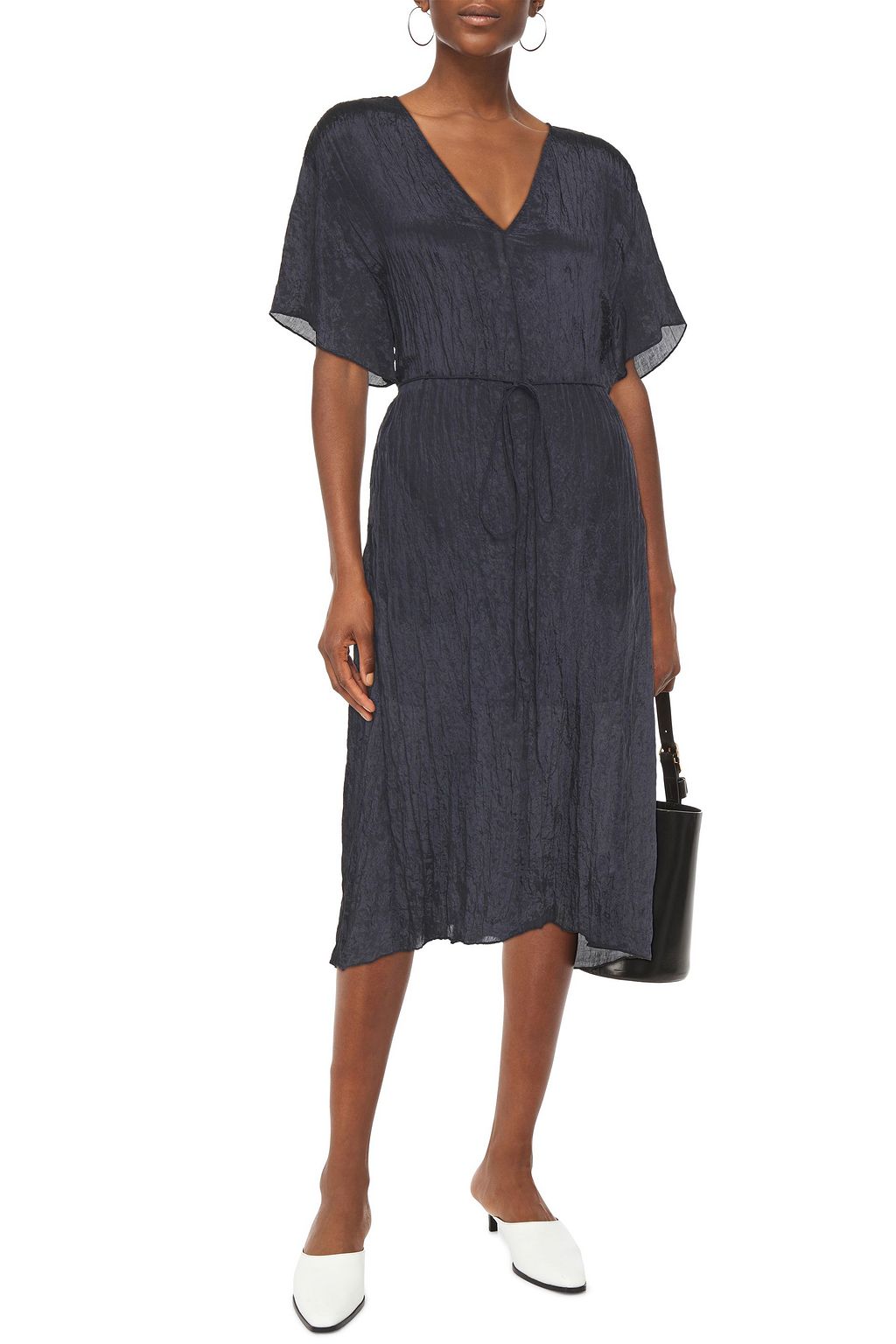 VINCE. Belted crinkled-satin midi dress