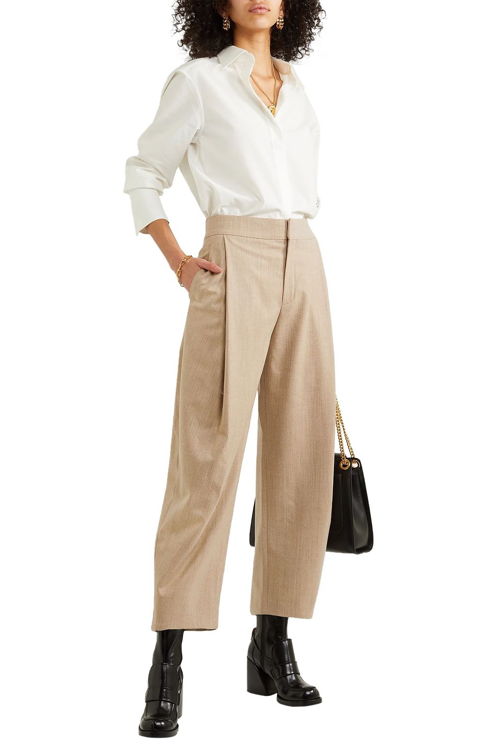 CHLOÉ Cropped pleated wool-blend tapered pants