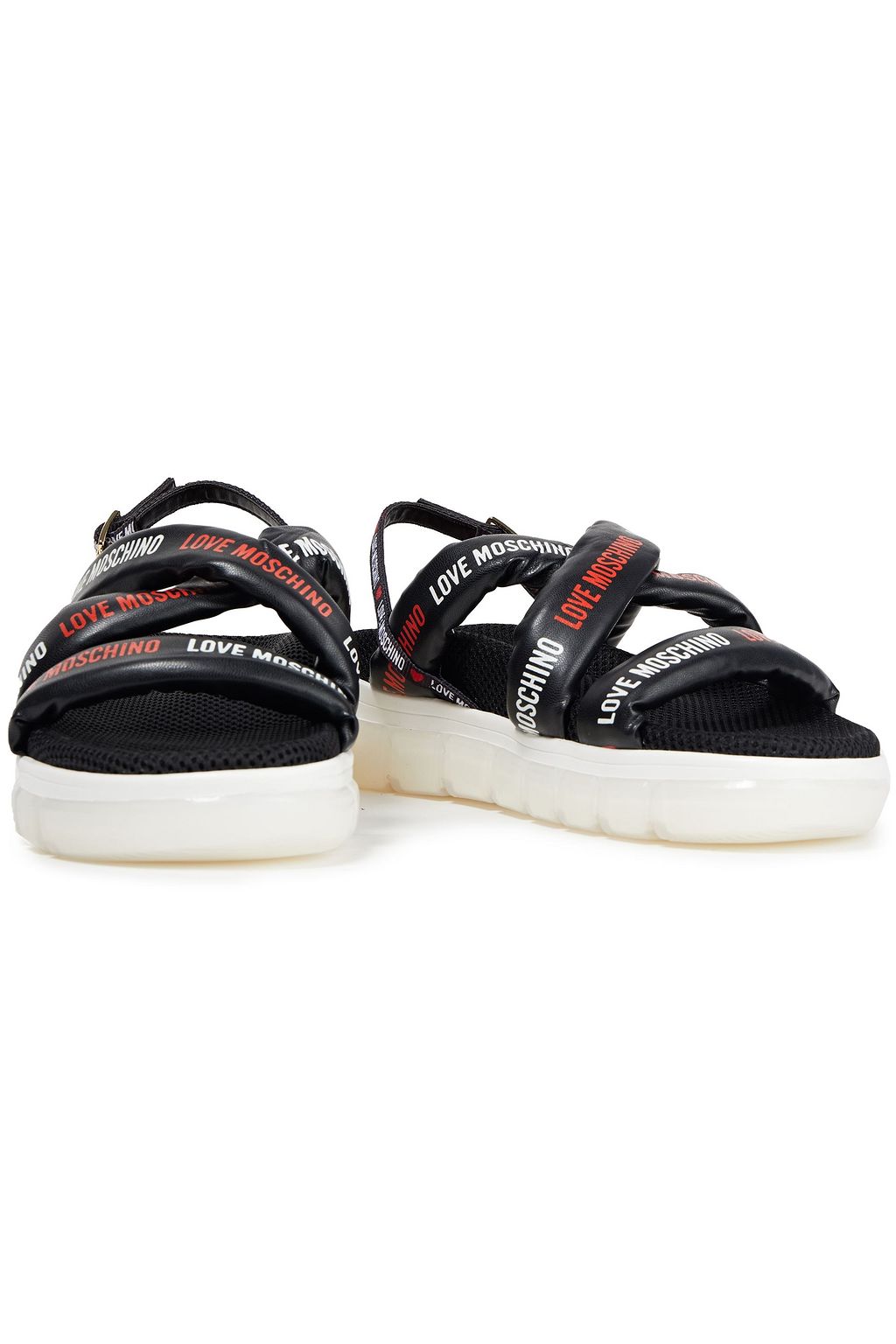 LOVE MOSCHINO Monogram-print faux leather and grosgrain slingback sandals