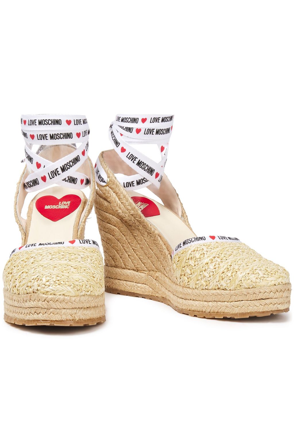 LOVE MOSCHINO Printed woven raffia wedge espadrilles