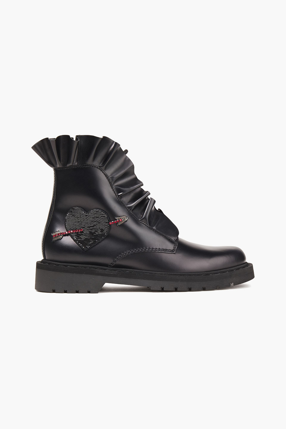 Valentino Garavani Woman Ruffle-trimmed Embellished Glossed-leather Ankle Boots Black Size 36