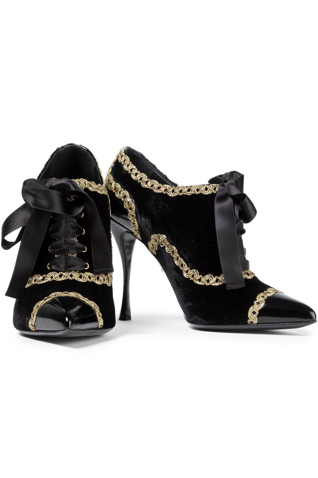 DOLCE&GABBANA Embellished lace-up velvet and patent-leather ankle boots