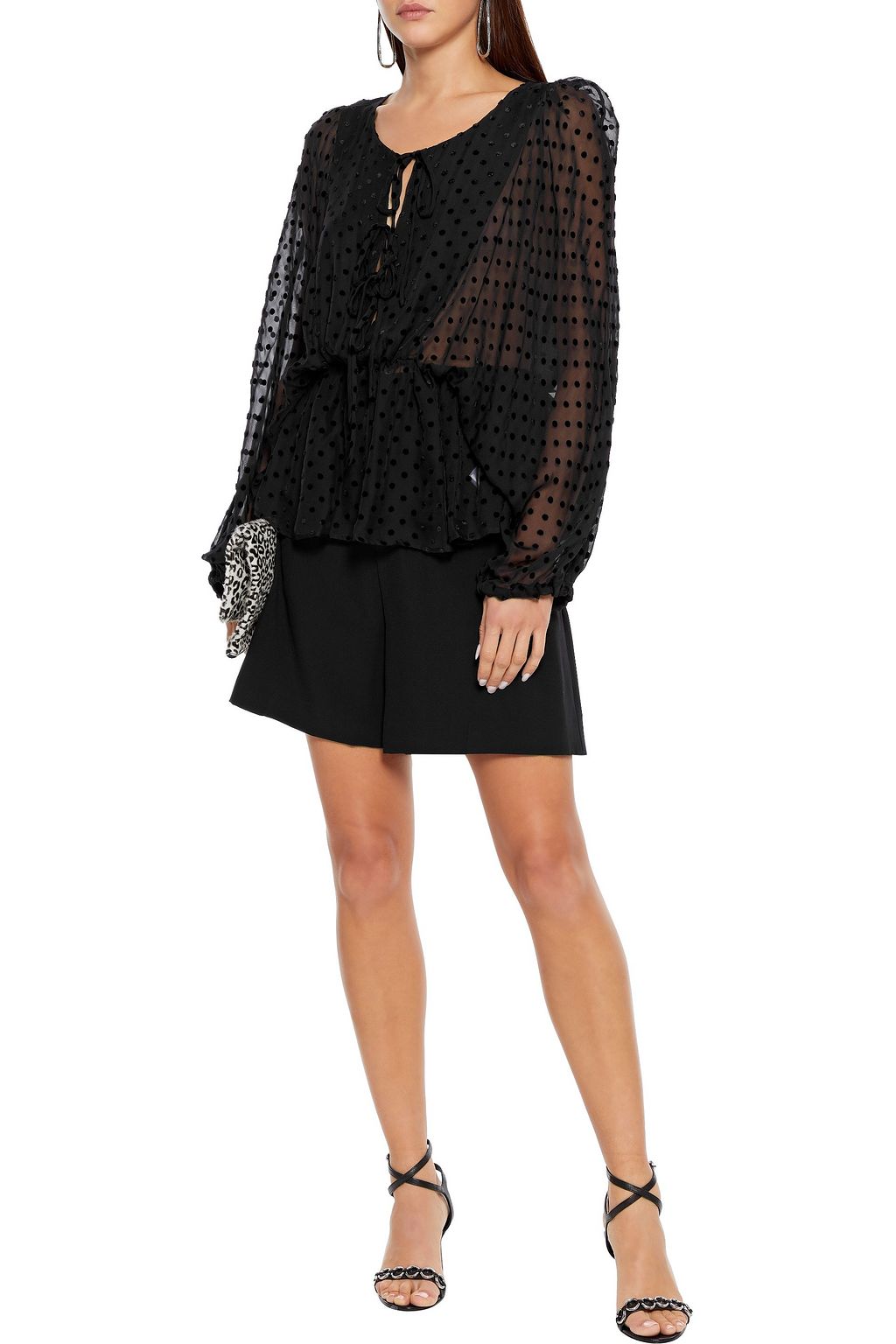 IRO Arion lace-up flocked silk-blend chiffon peplum blouse