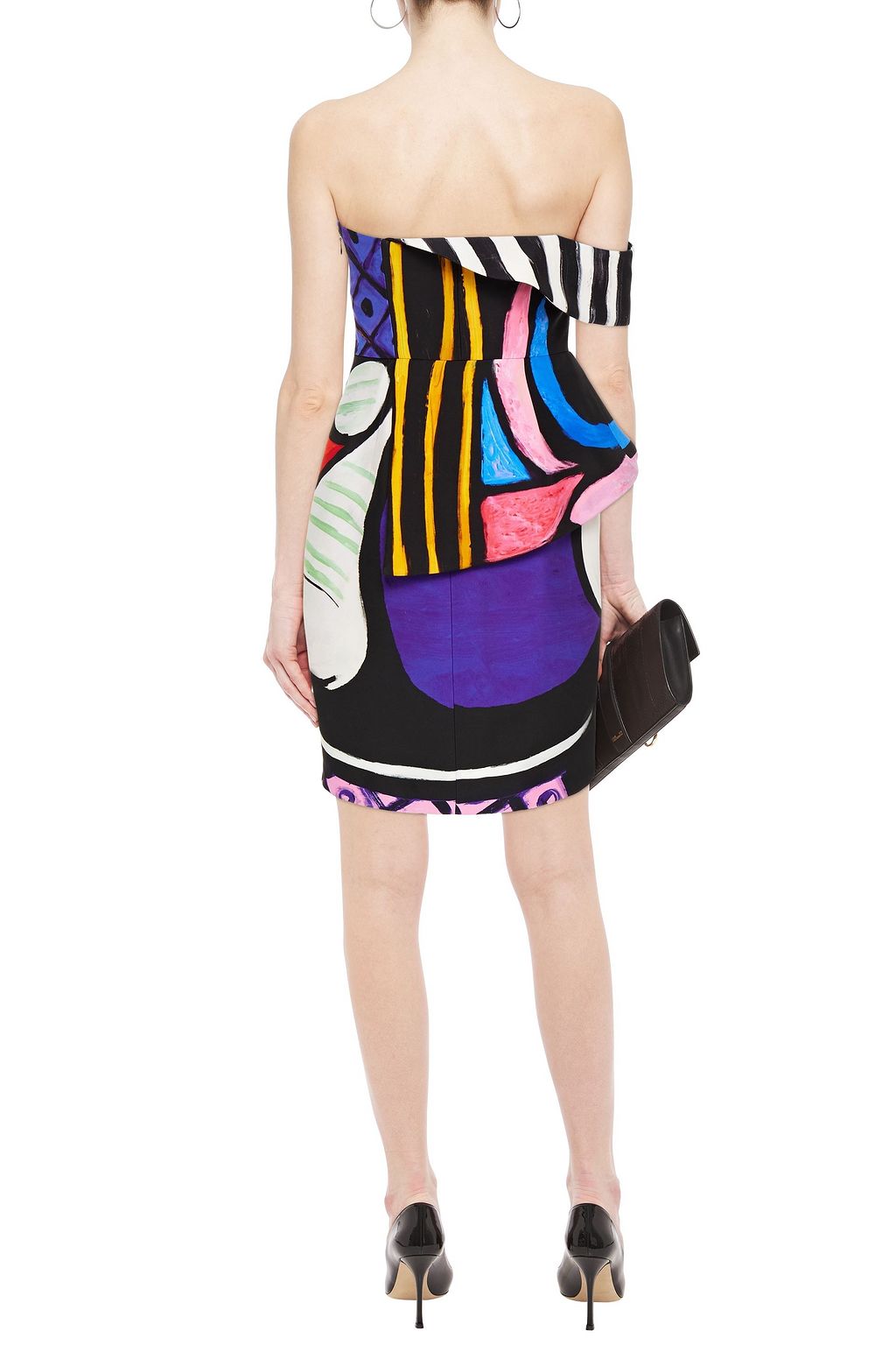 MOSCHINO Off-the-shoulder draped printed crepe mini dress