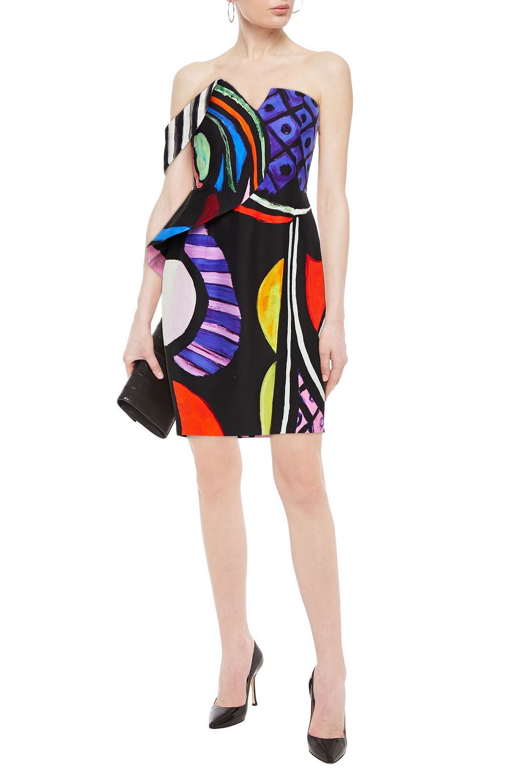 MOSCHINO Off-the-shoulder draped printed crepe mini dress