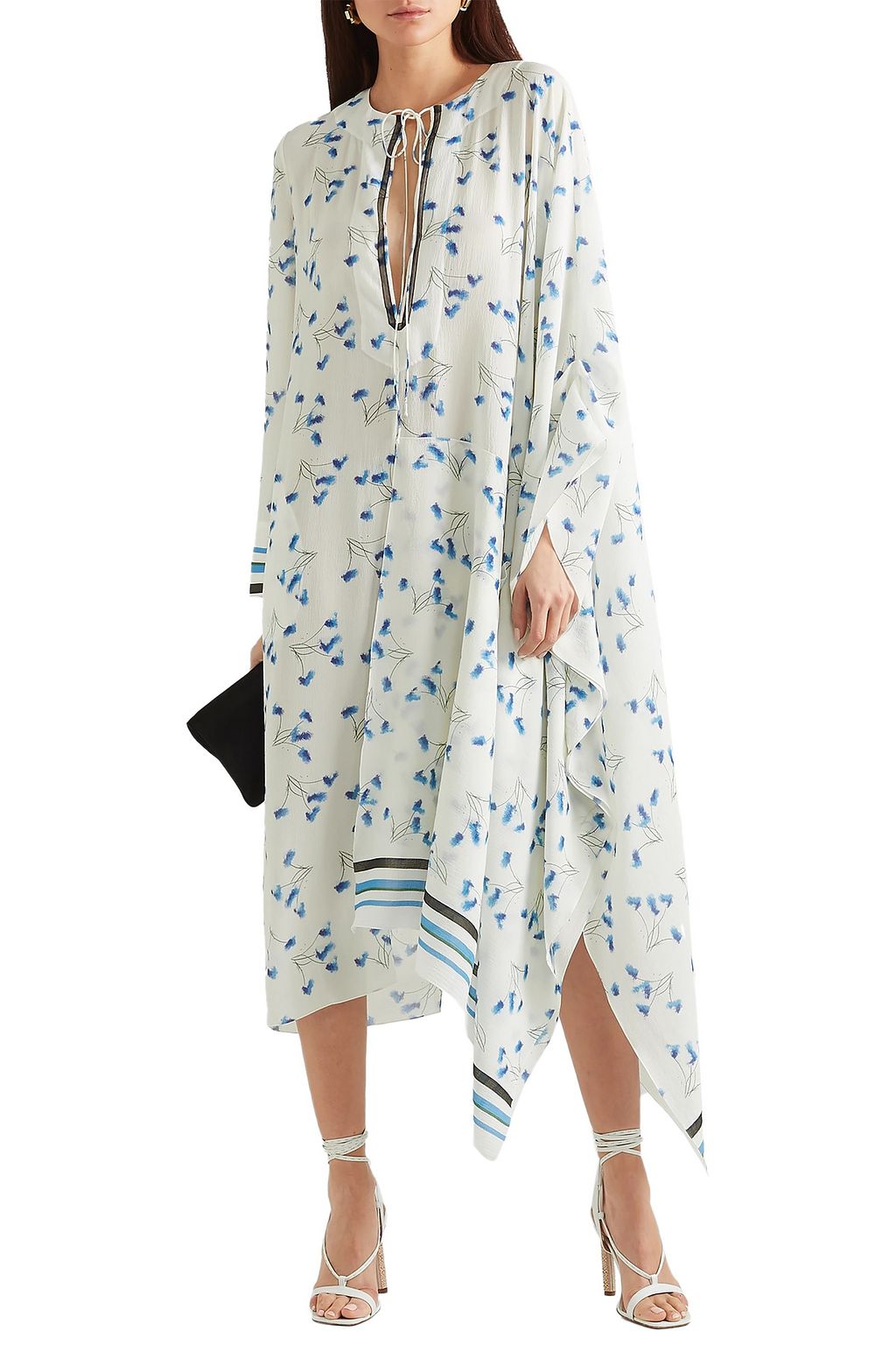 ROLAND MOURET Damon mesh-trimmed printed crepe dress
