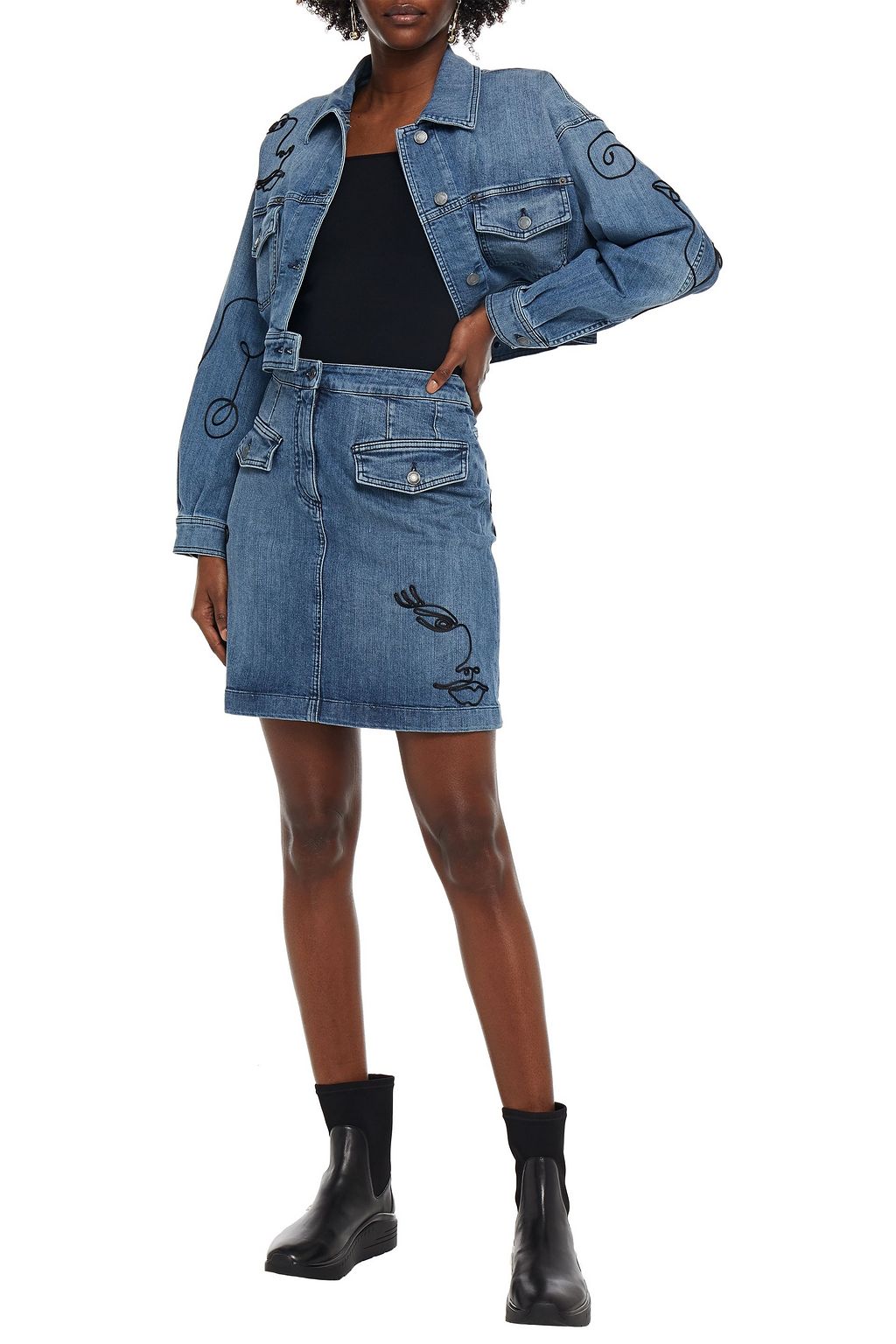 MOSCHINO Embroidered denim mini skirt