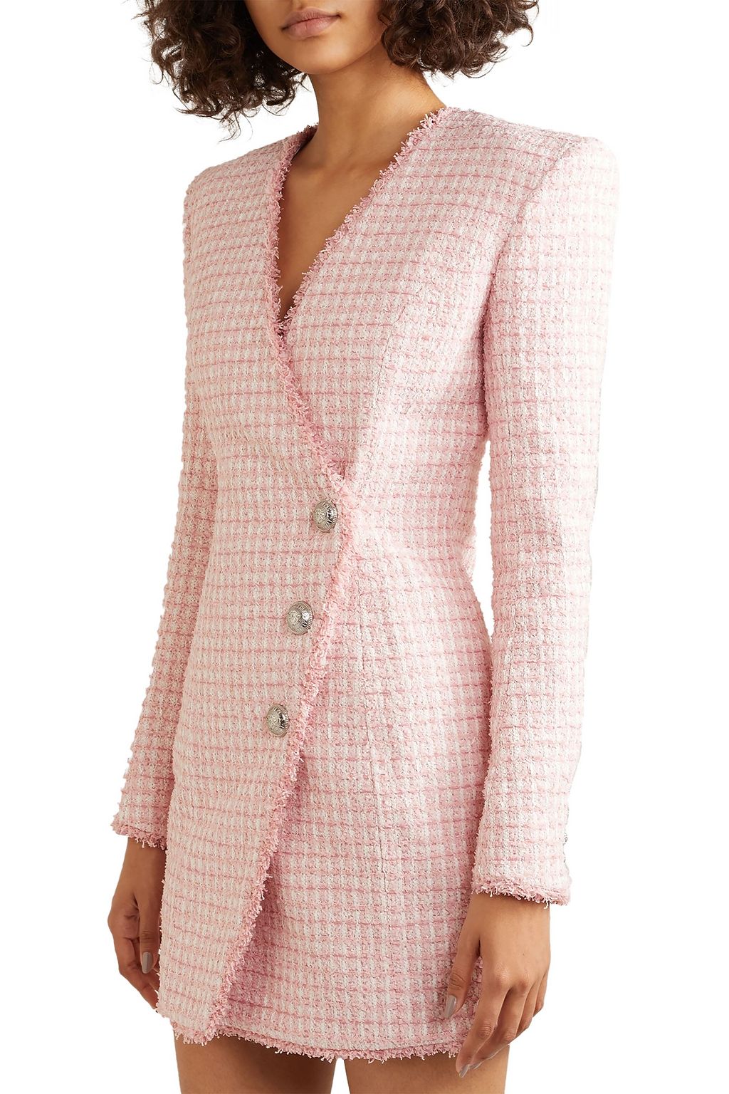 BALMAIN Wrap-effect button-embellished tweed mini dress