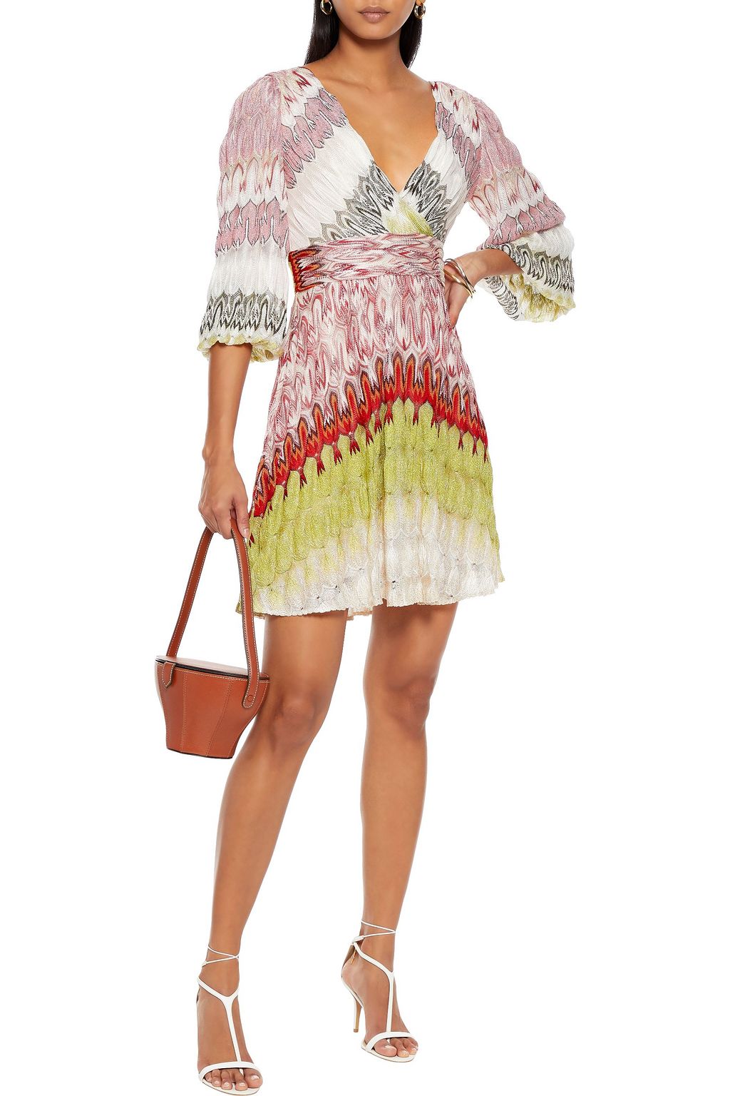 MISSONI Wrap-effect metallic crochet-knit mini dress