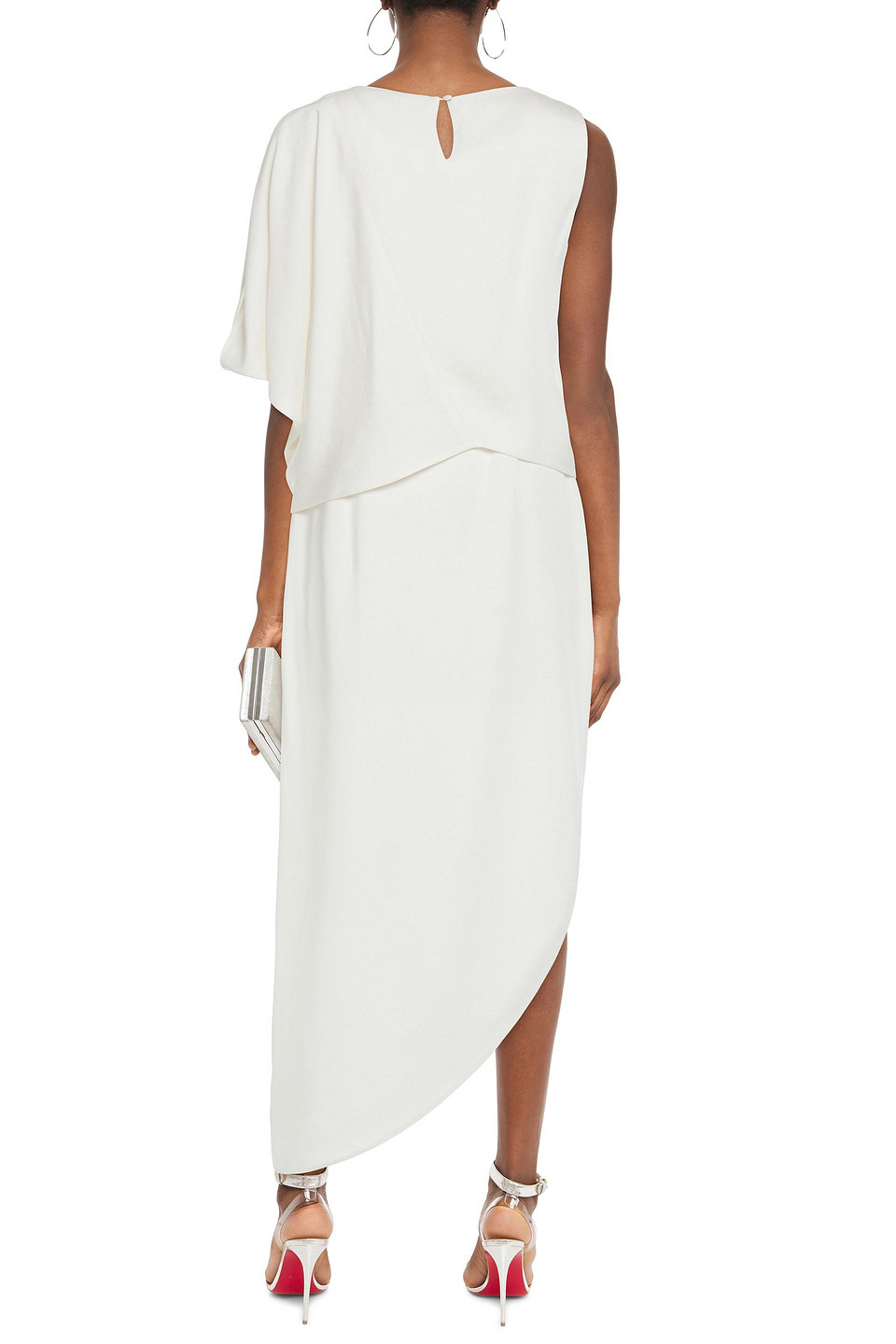 HALSTON ASYMMETRIC DRAPED SATIN MIDI DRESS 
