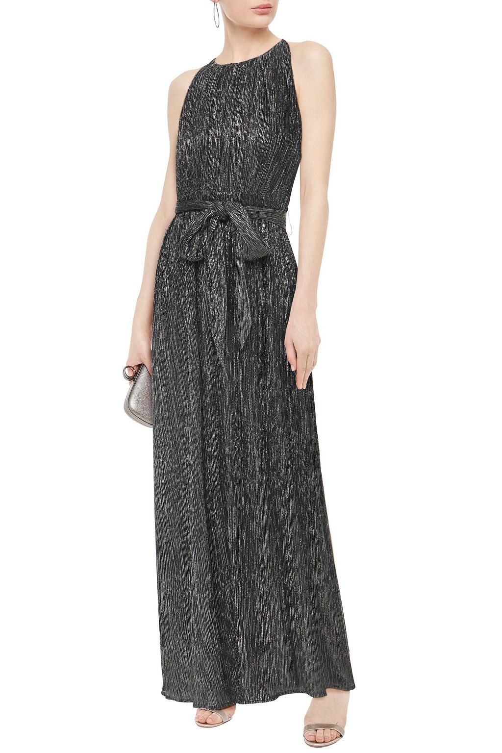 HALSTON Belted metallic ribbed-knit gown