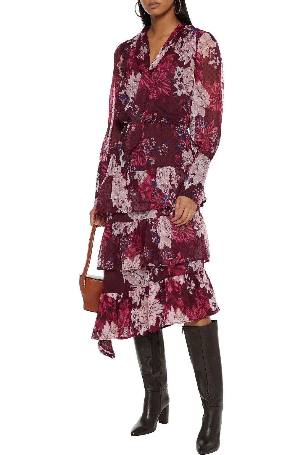 WALTER BAKER Anita tie-neck tiered Swiss-dot georgette midi dress