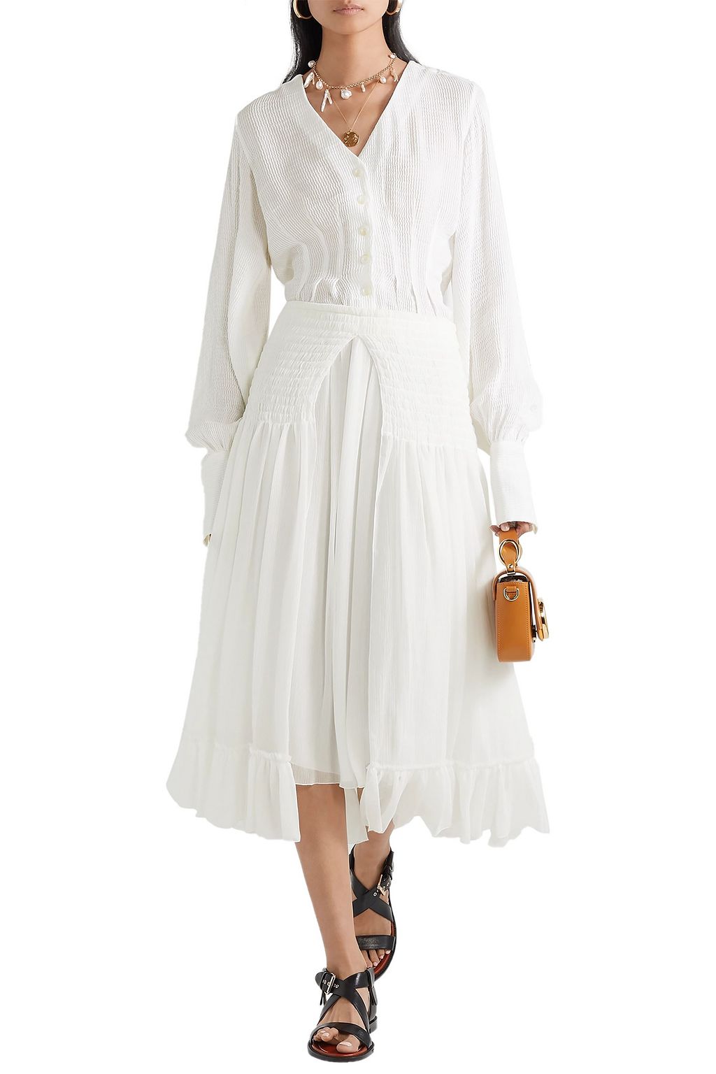 CHLOÉ Shirred silk-crepon midi skirt