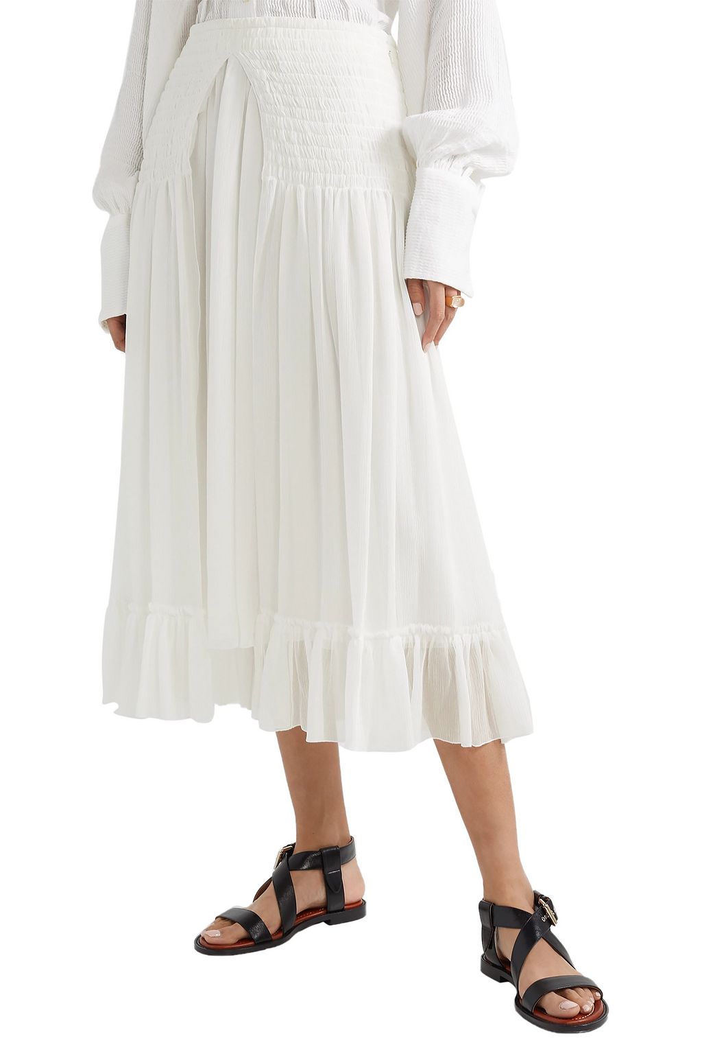 CHLOÉ Shirred silk-crepon midi skirt