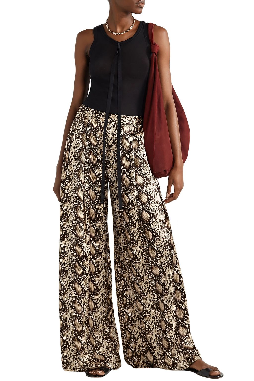 NILI LOTAN Adalene pleated snake-print silk-charmeuse wide-leg pants