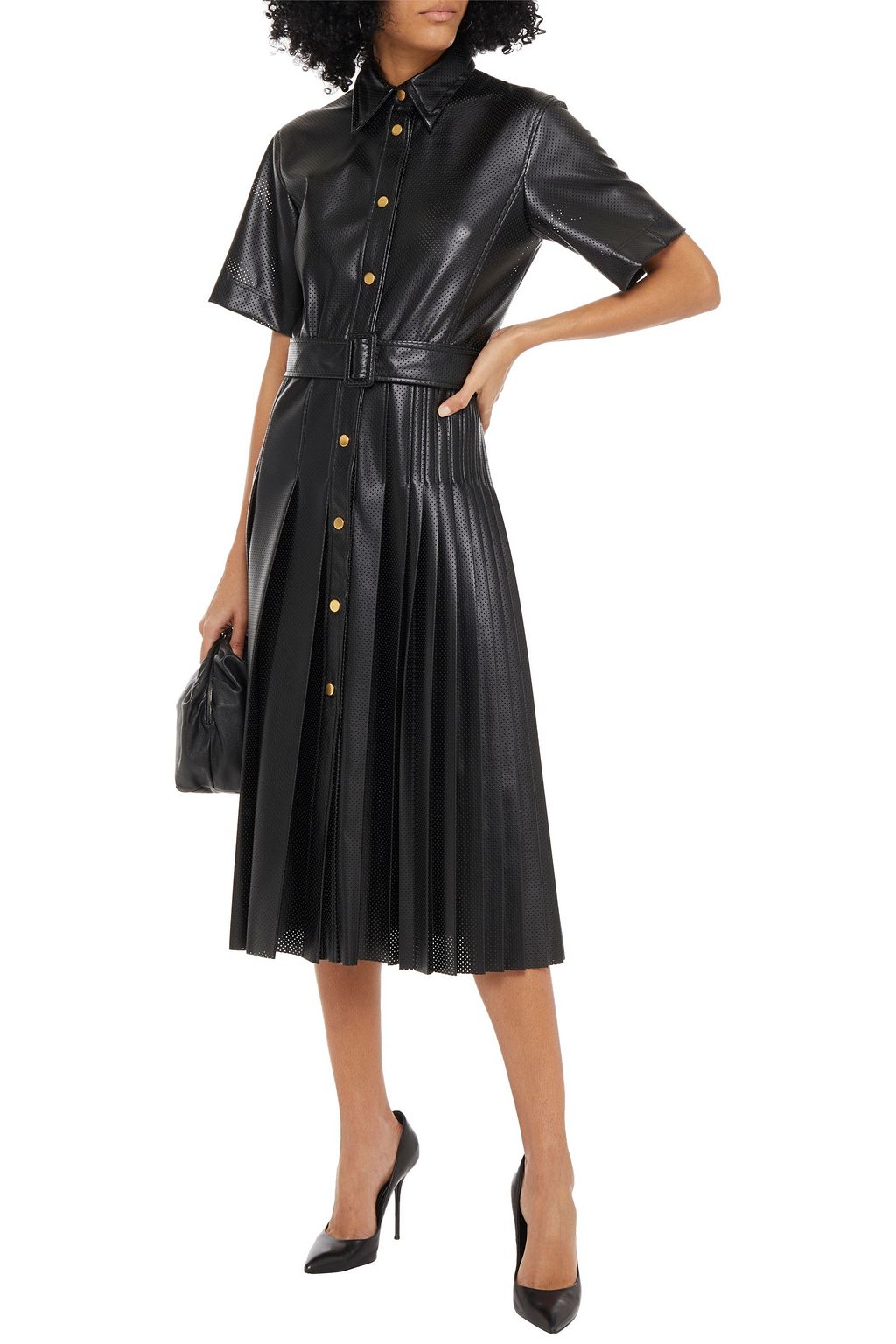 CEDRIC CHARLIER Pleated perforated faux leather shirt dress