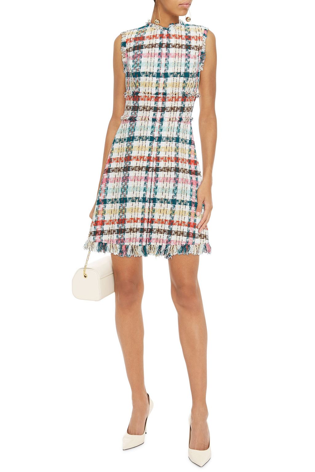 OSCAR DE LA RENTA Frayed checked cotton-blend tweed mini dress