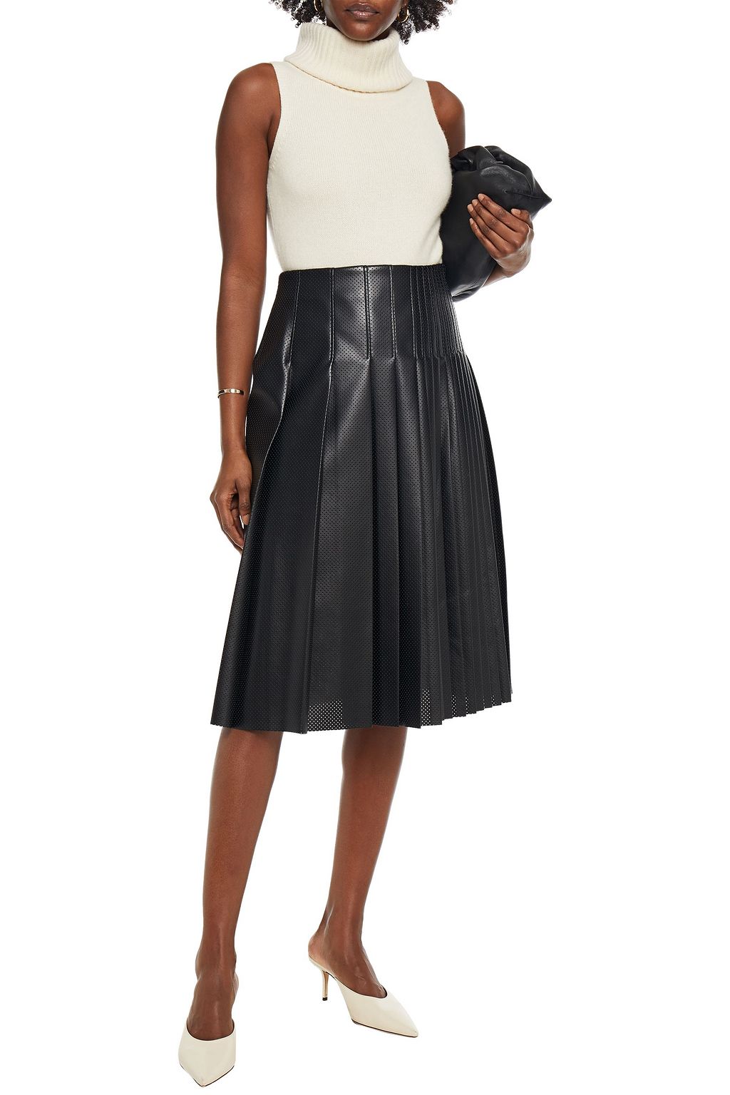CEDRIC CHARLIER Pleated perforated faux leather midi skirt
