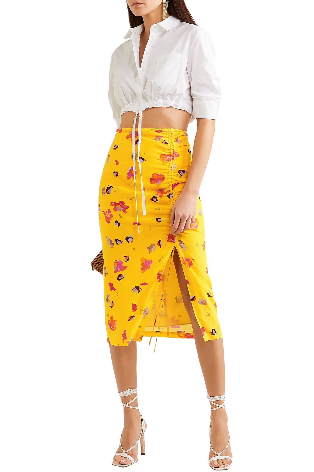 ALTUZARRA Ruched printed silk crepe de chine midi pencil skirt