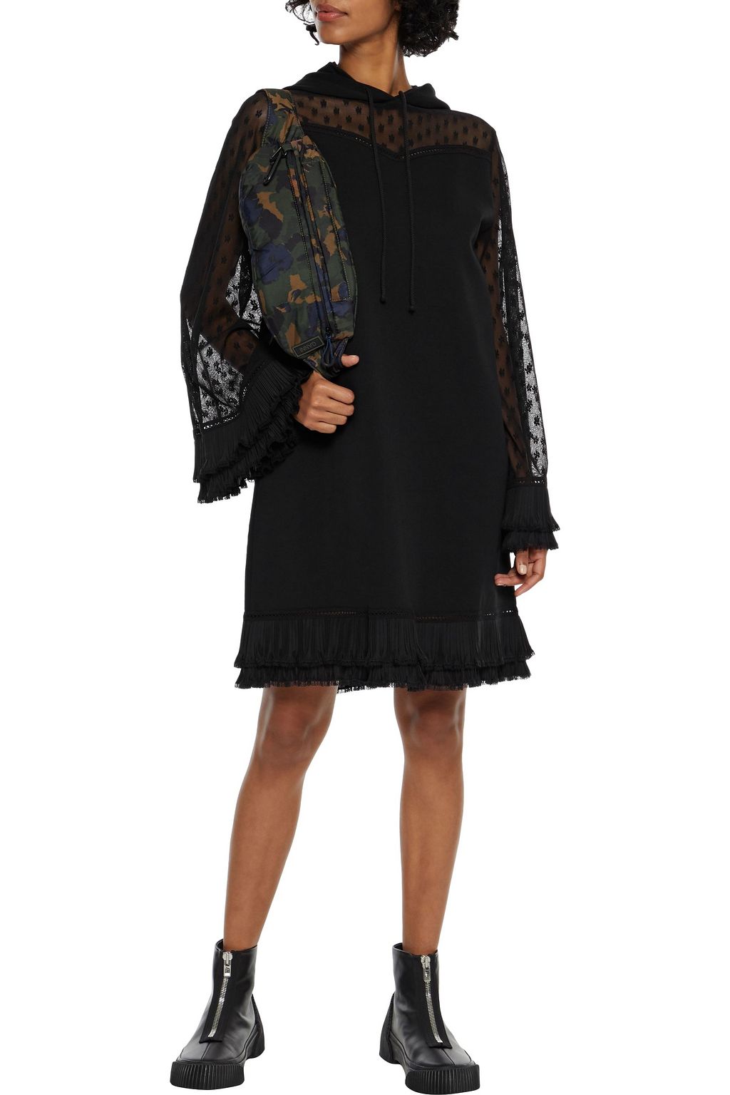 MCQ ALEXANDER MCQUEEN Lace-paneled French cotton-terry hooded dress