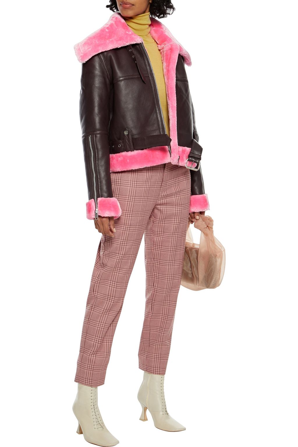 WALTER BAKER Mandie faux shearling-trimmed leather biker jacket