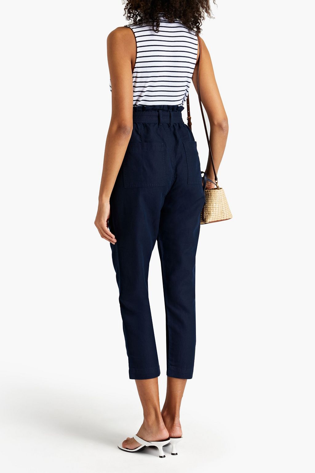JOIE Cropped belted cotton and linen-blend twill tapered pants