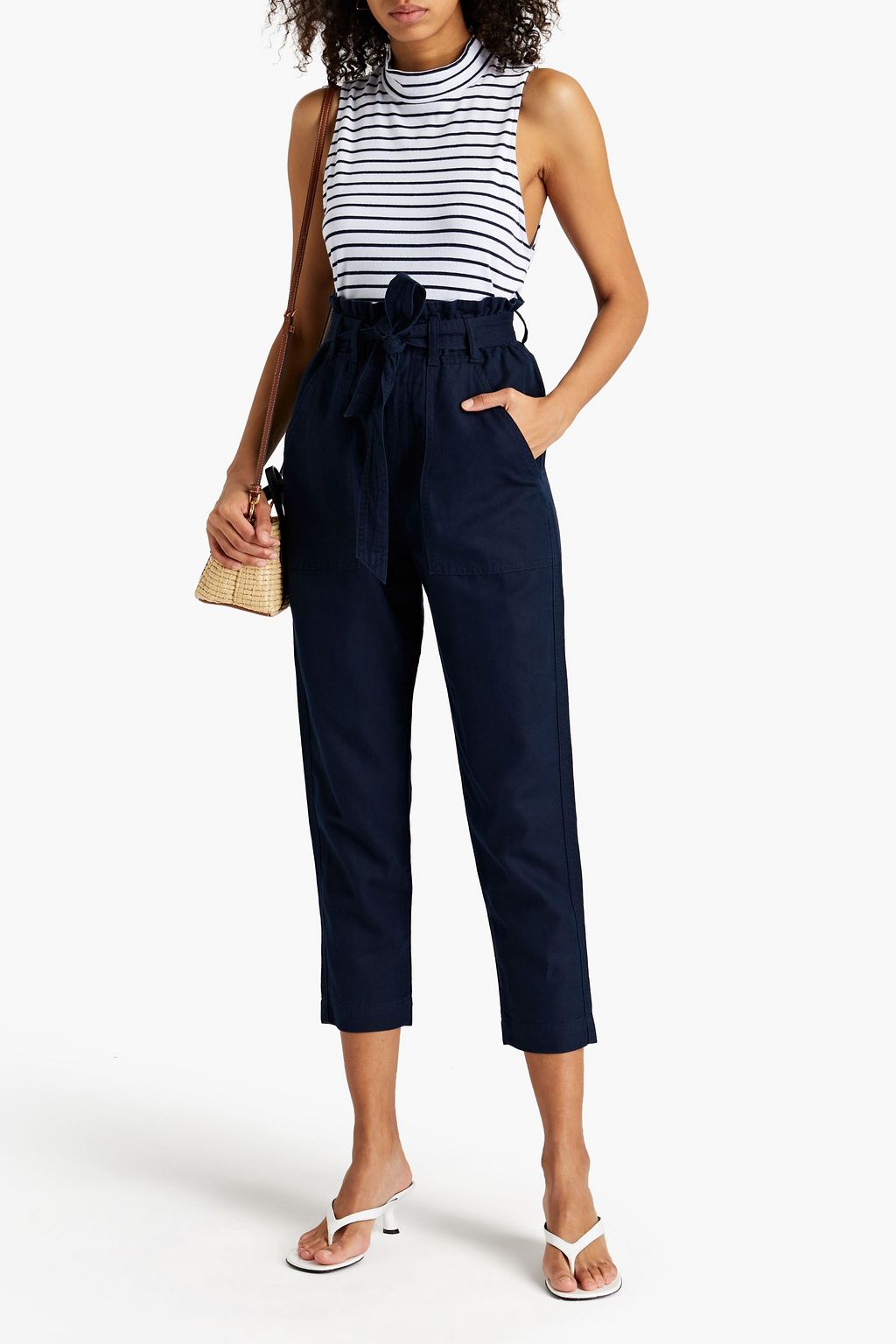 JOIE Cropped belted cotton and linen-blend twill tapered pants