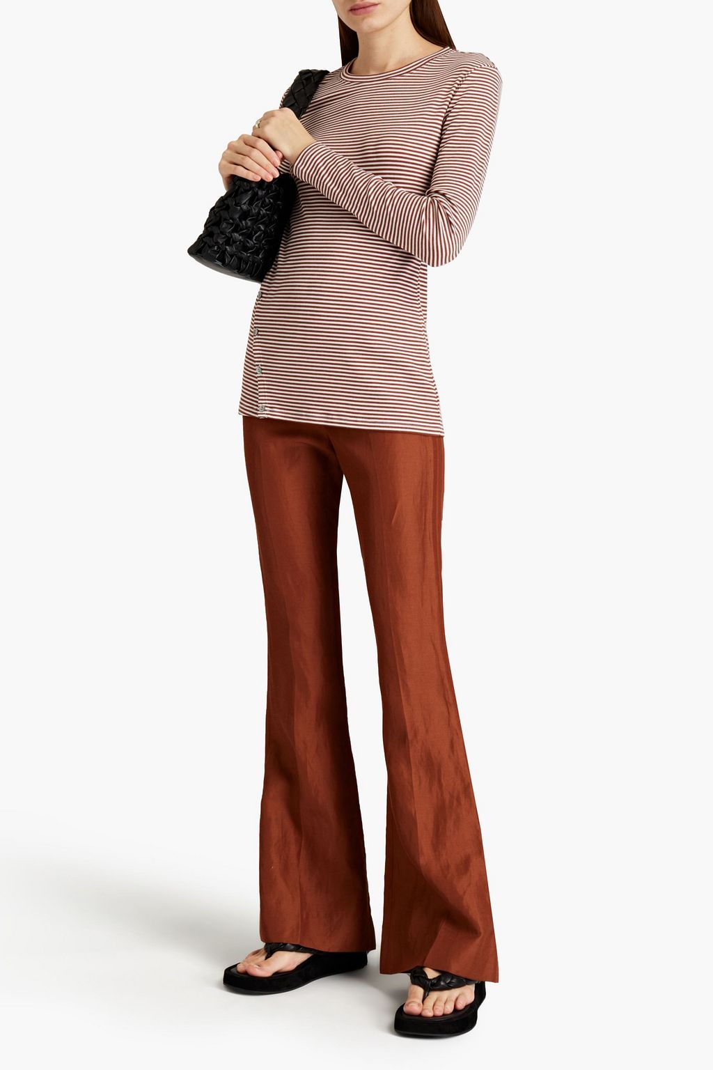 THEORY Button-embellished striped ribbed jersey top