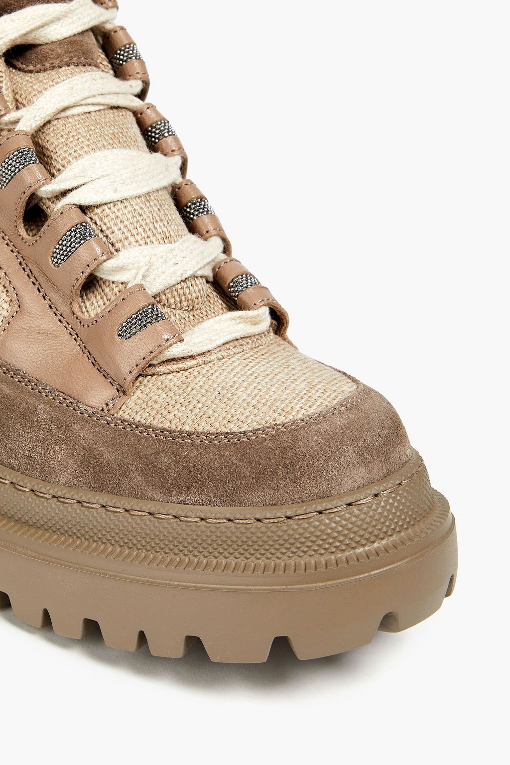 BRUNELLO CUCINELLI Bead-embellished canvas, suede and leather ankle boots