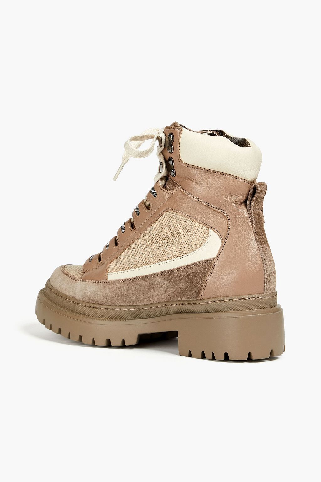 BRUNELLO CUCINELLI Bead-embellished canvas, suede and leather ankle boots