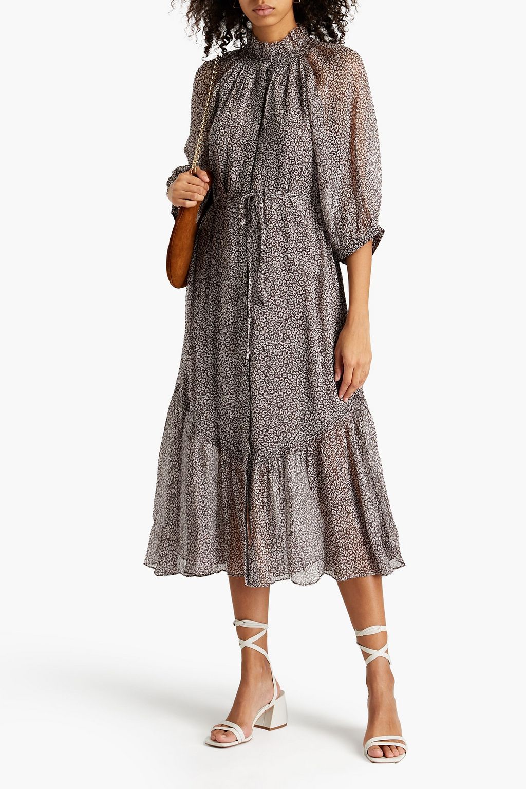 JOIE Belted printed silk-georgette midi dress